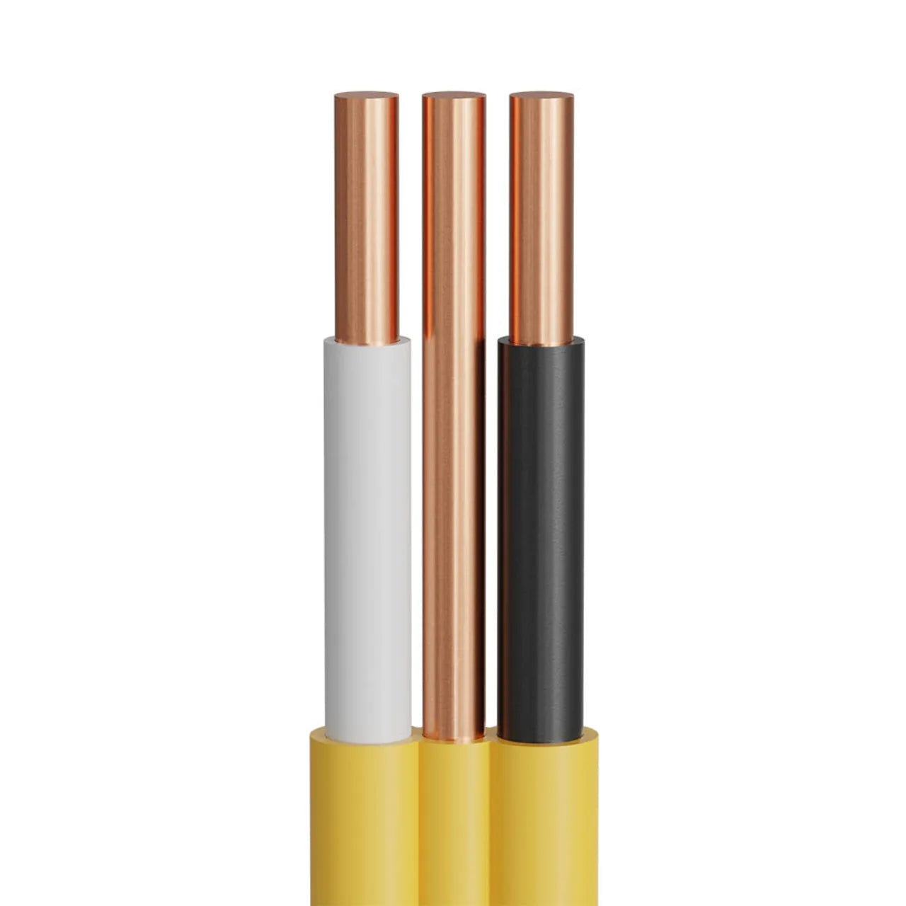 Close-up of Go Build 12/2 100 ft. Copper Electrical Cable NM-B in yellow, showing three copper wires—white, brown, and black insulation—partially stripped for visibility. Brand: Go Build, The Fastest Way To Build.